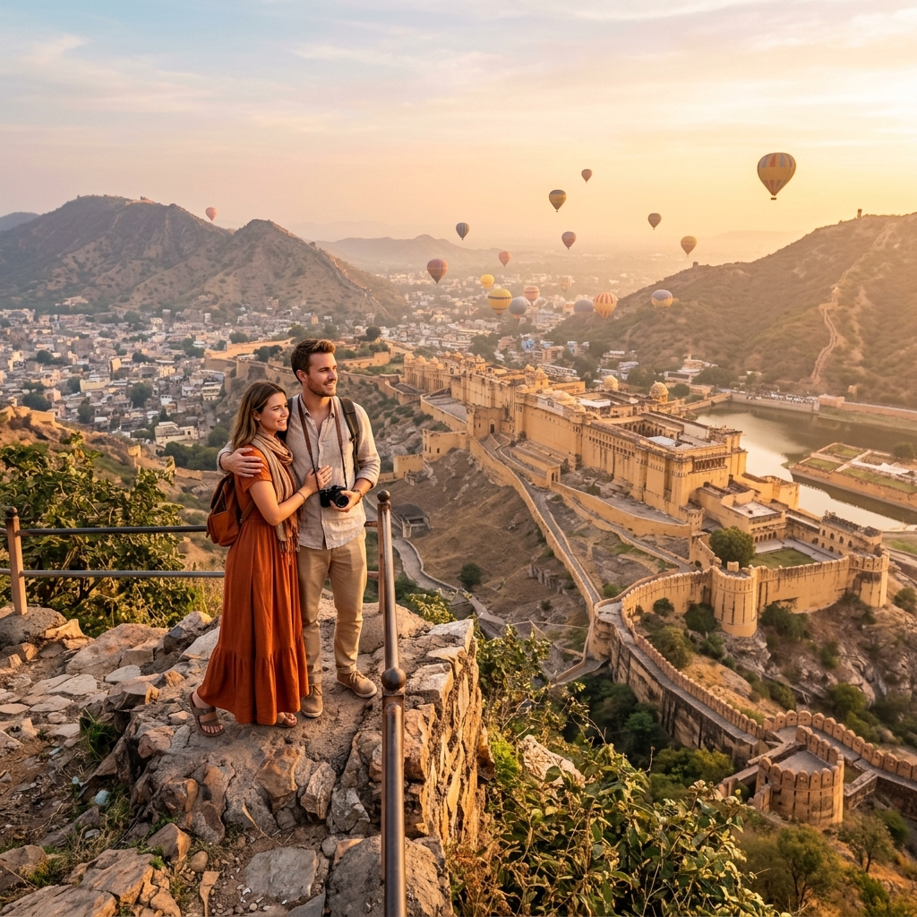 Golden sunrise fort palace in Jaipur, India