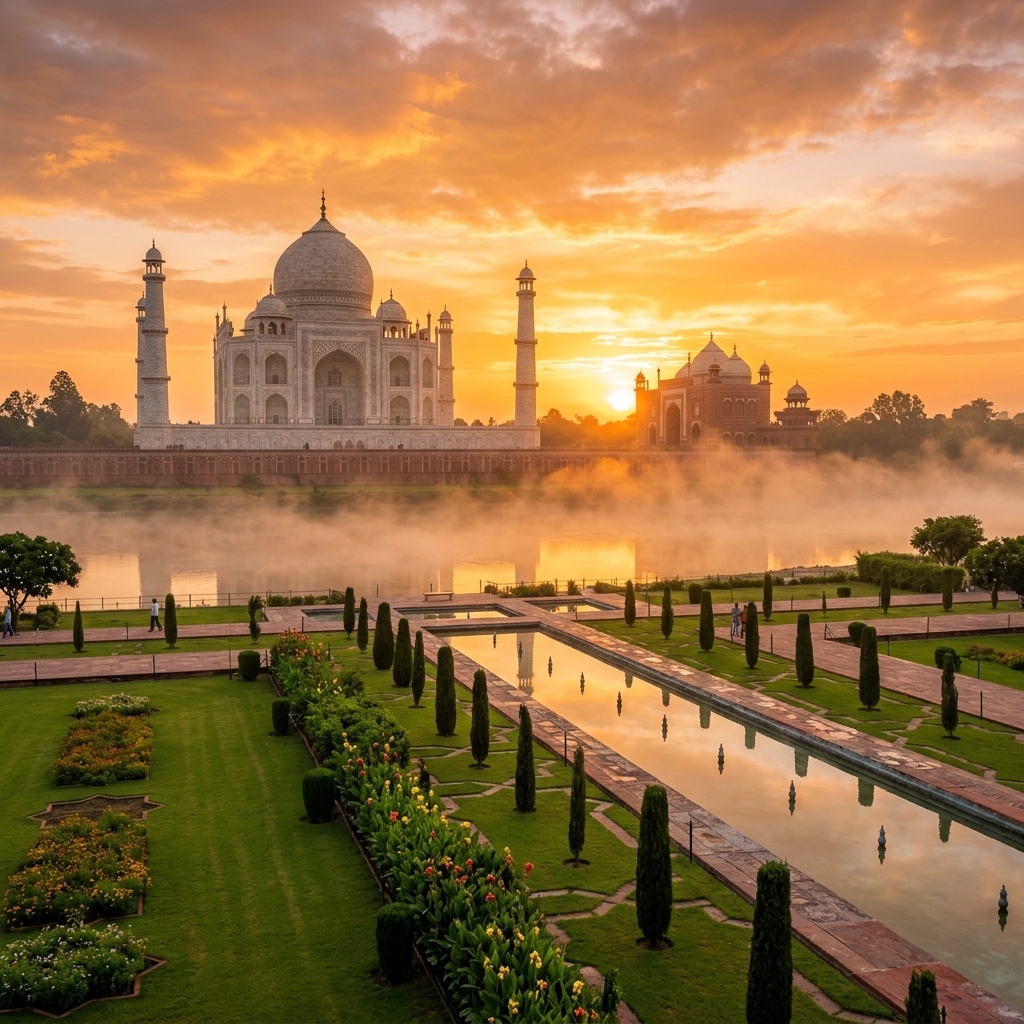 Taj Mahal at golden sunrise, Agra India